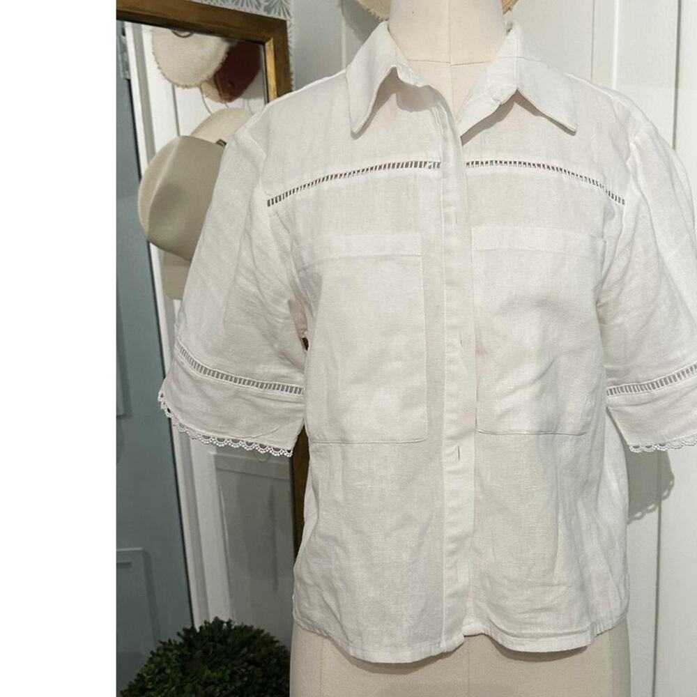 Ellen Tracy Linen Short Sleeve Button Down Blouse White XS - Picture 2 of 6